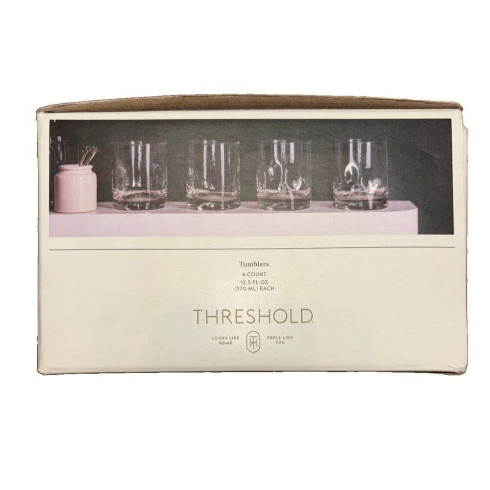NEW Threshold Telford Glass Tumblers Set of 4, 12 fl oz, Dishwasher Safe, Clear